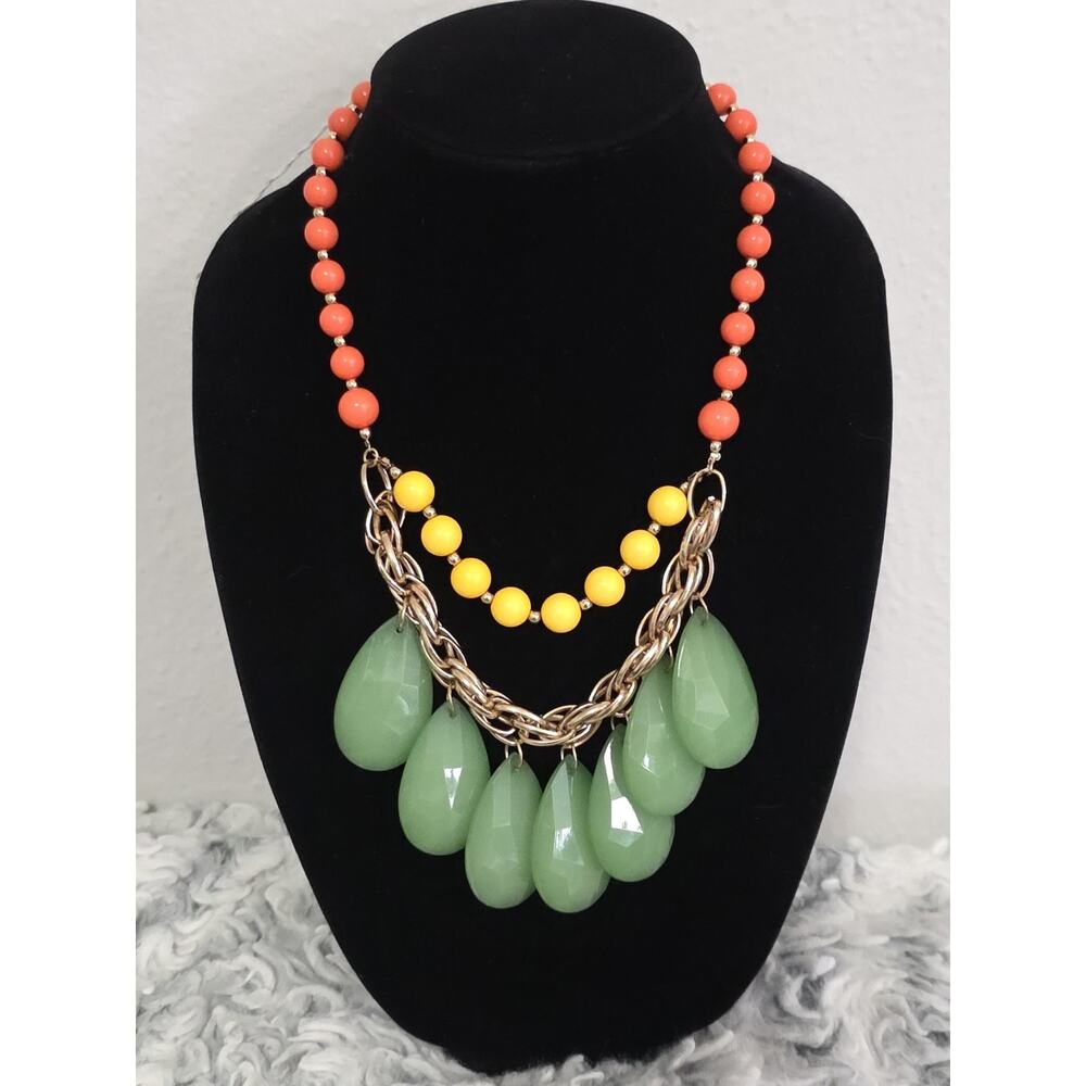 Colorful Boho Statement Necklace Green Yellow Coral Beaded Gold Tone Chunky